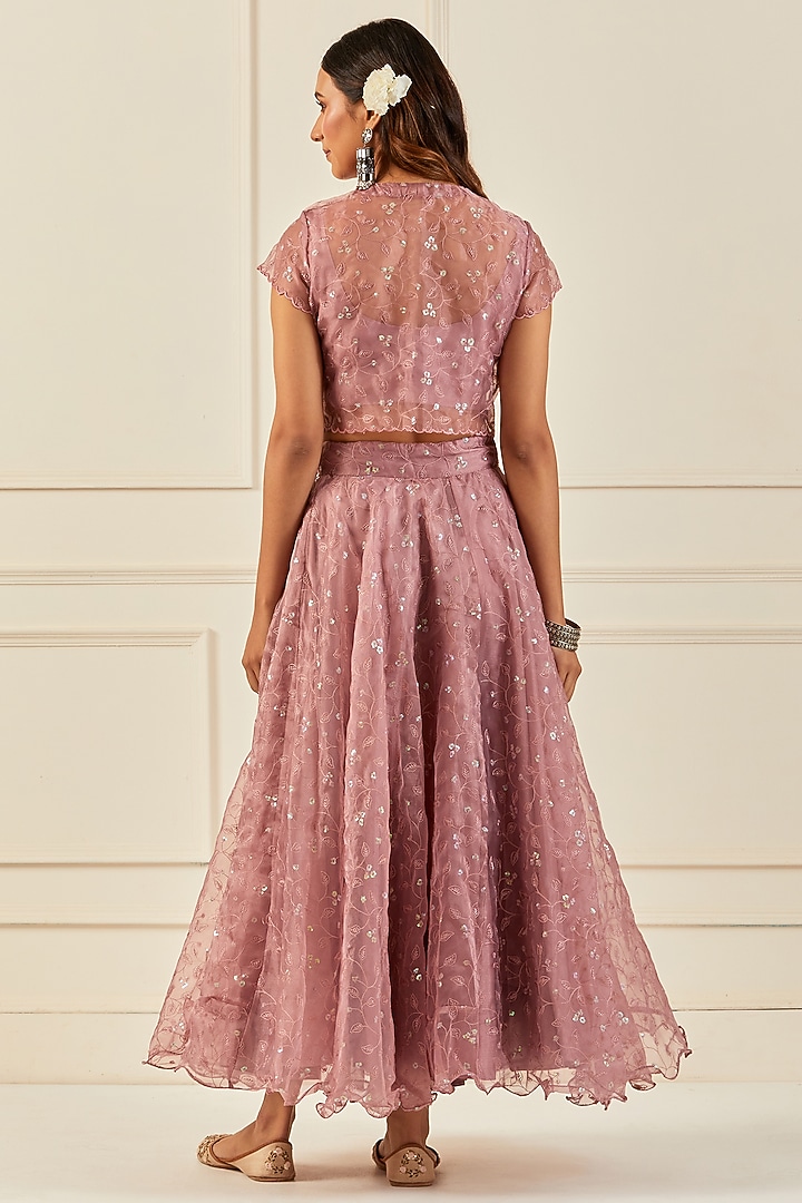 Onion Pink Organza Handcrafted Sequins Embroidered Jacket Lehenga Set by Geroo Jaipur at Pernia's Pop Up Shop