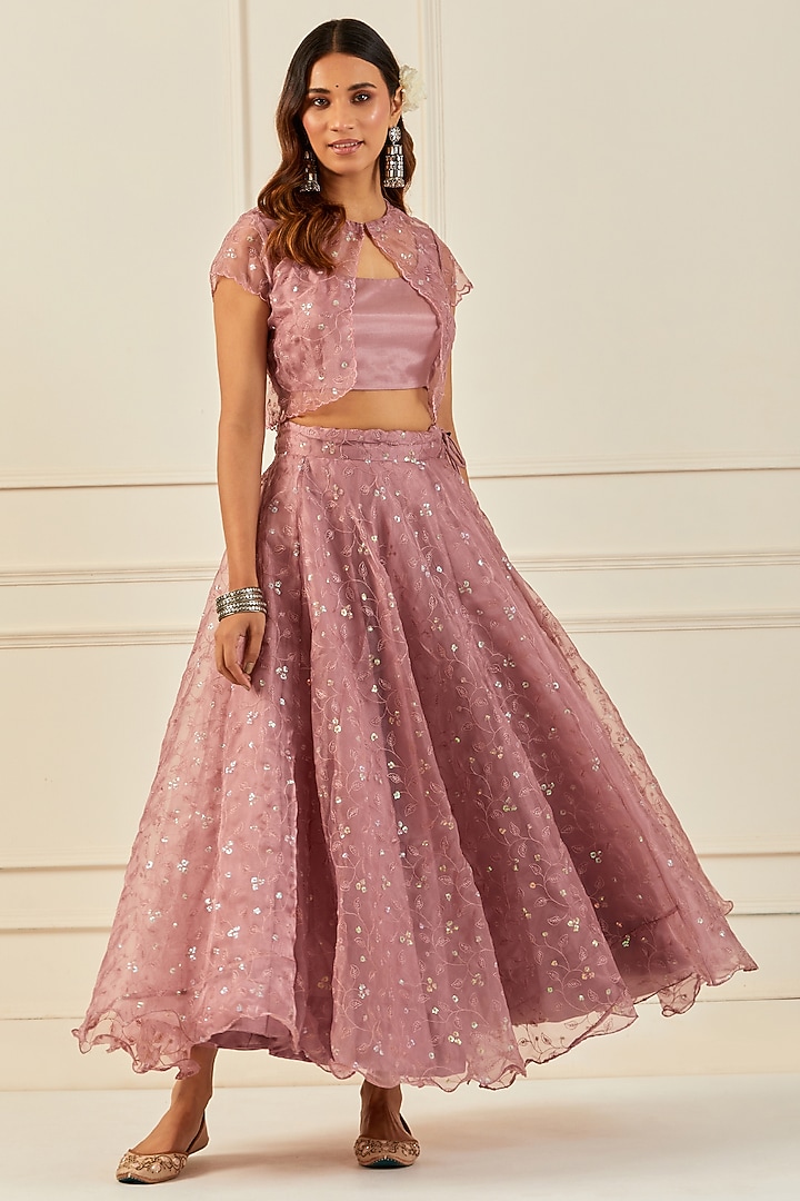 Onion Pink Organza Handcrafted Sequins Embroidered Jacket Lehenga Set by Geroo Jaipur at Pernia's Pop Up Shop