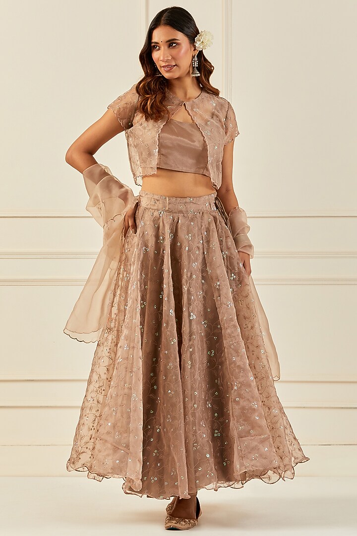 Mud Organza Handcrafted Sequins Embroidered Jacket Lehenga Set by Geroo Jaipur at Pernia's Pop Up Shop