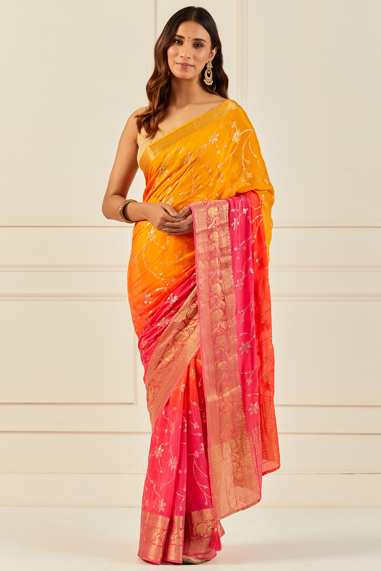 Multi-Colored Chiffon Sequins Work Handcrafted Festive Saree Set by Geroo Jaipur at Pernia's Pop Up Shop