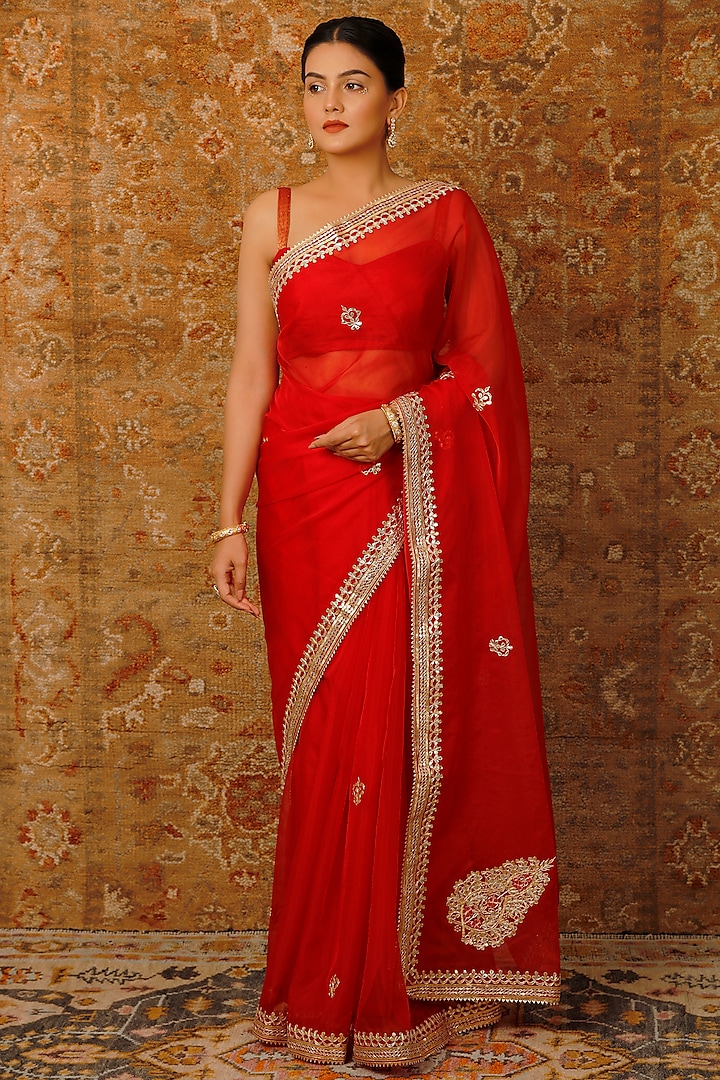 Red Organza Handcrafted Hand Embroidered Party Wear Saree Set by Geroo Jaipur at Pernia's Pop Up Shop