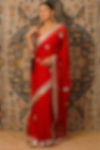 Red Organza Handcrafted Hand Embroidered Party Wear Saree Set by Geroo Jaipur at Pernia's Pop Up Shop