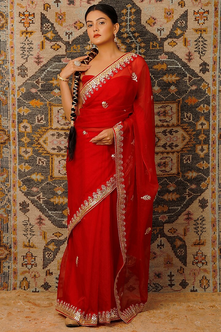 Red Organza Handcrafted Hand Embroidered Party Wear Saree Set by Geroo Jaipur at Pernia's Pop Up Shop