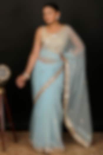 Pastel Blue Organza Handcrafted Hand Embroidered Party Wear Saree Set by Geroo Jaipur at Pernia's Pop Up Shop