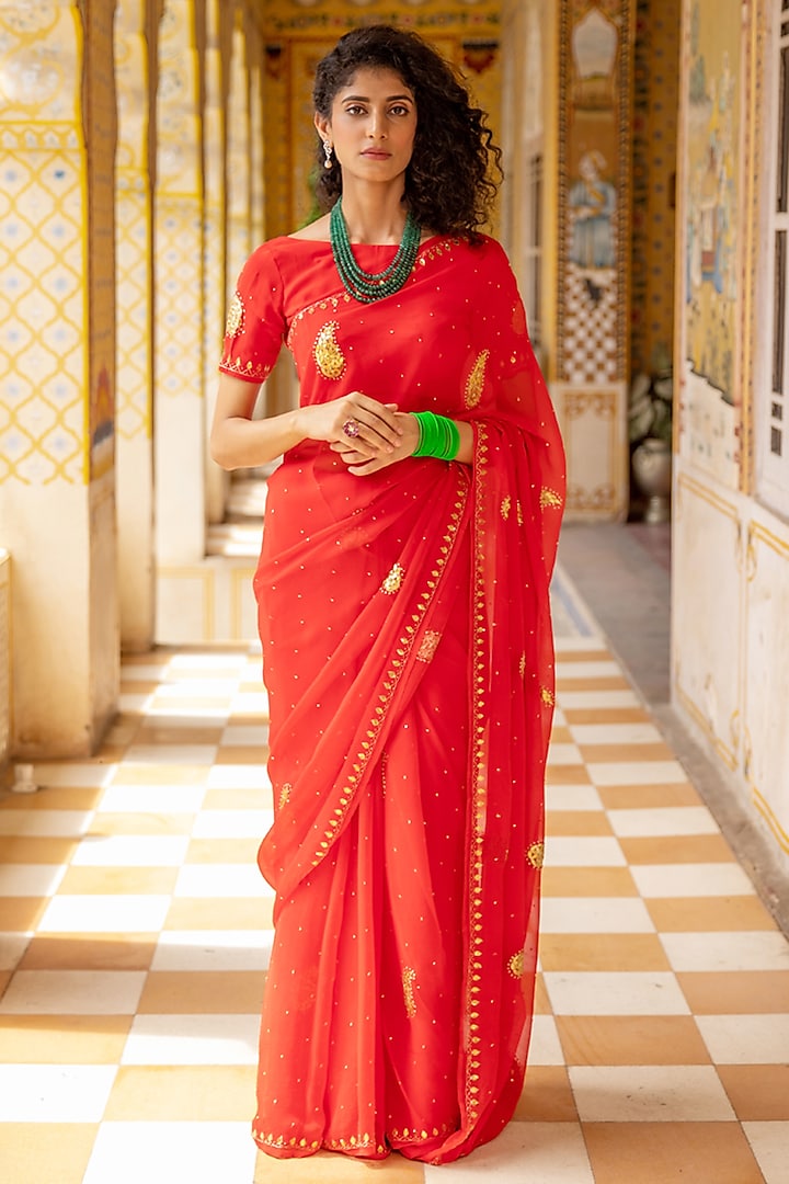 Red Chiffon Handcrafted Sequins Embellished Saree Set by Geroo Jaipur