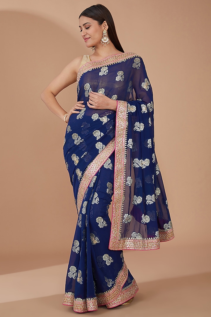 Navy Blue Georgette Banarasi Gota Patti Embellished Saree Set by Geroo Jaipur
