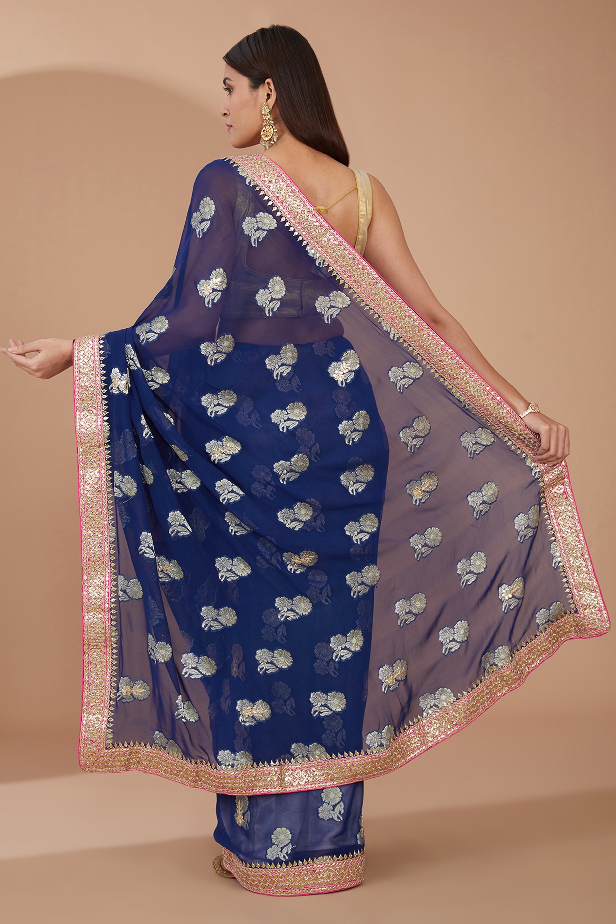 Banarasee Pure Chiffon Leheriya Saree With Hand-Embroidered Gotapatti