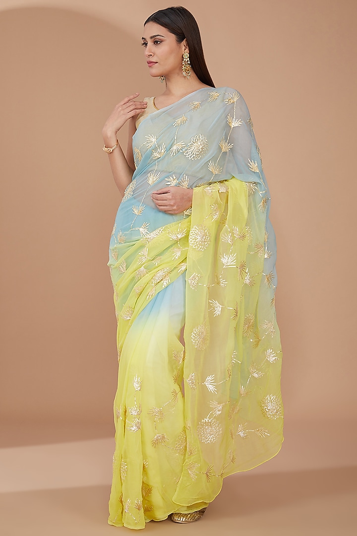 Lime Yellow & Grey Chiffon Gota Patti Embroidered Party Wear Saree Set by Geroo Jaipur at Pernia's Pop Up Shop