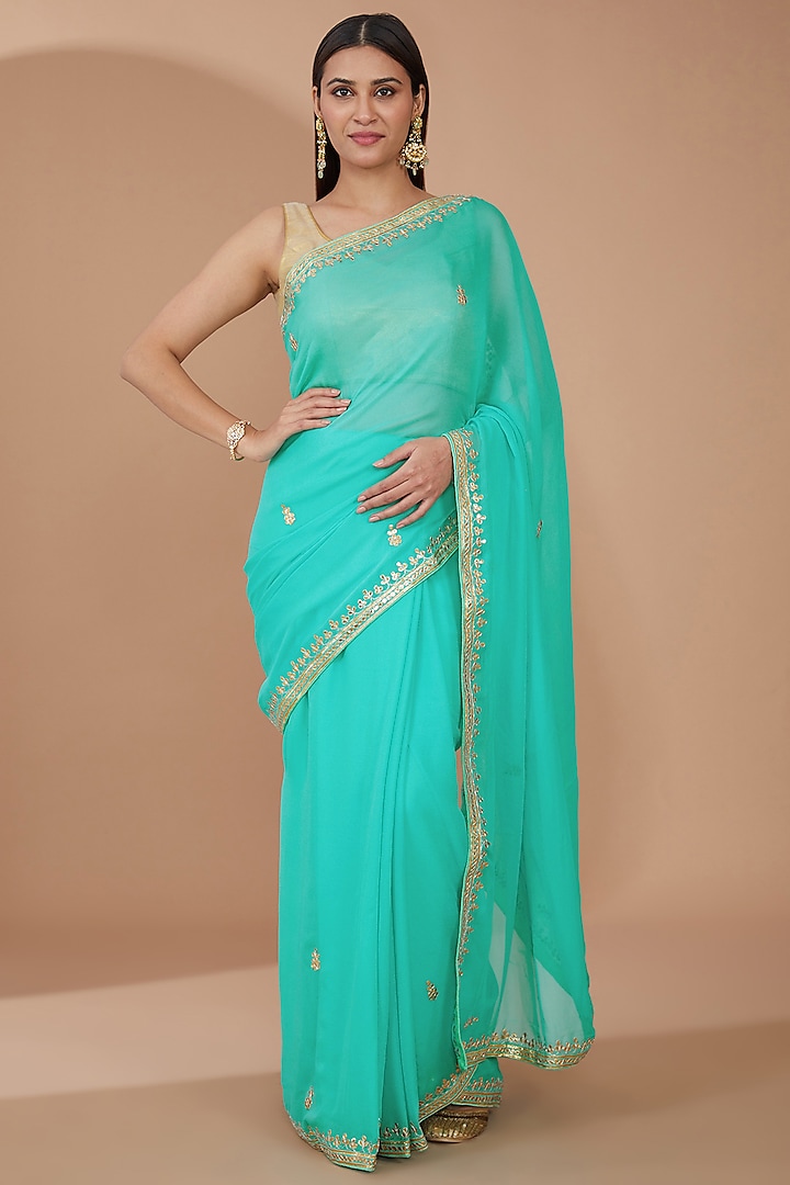 Green Georgette Gota Patti Hand Embroidered Festive Saree Set by Geroo Jaipur at Pernia's Pop Up Shop