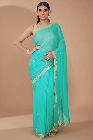 Green Georgette Gota Patti Hand Embroidered Saree Set by Geroo Jaipur