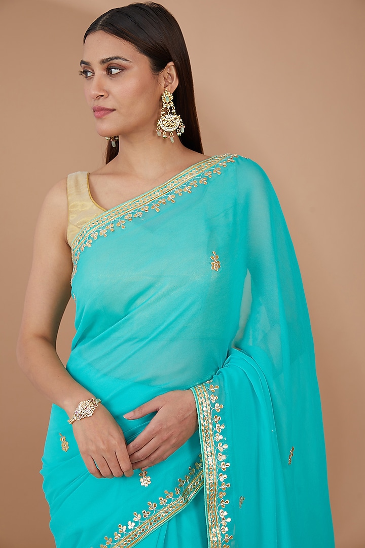 Green Georgette Gota Patti Hand Embroidered Festive Saree Set by Geroo Jaipur at Pernia's Pop Up Shop