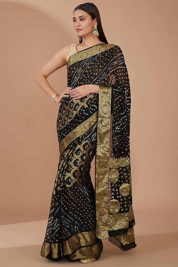 Black Georgette Bandhani Hand-Dyed Festive Saree Set by Geroo Jaipur at Pernia's Pop Up Shop