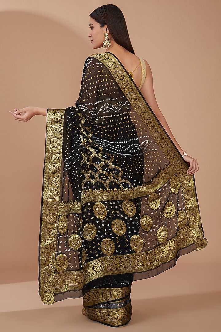 Black Georgette Bandhani Hand-Dyed Festive Saree Set by Geroo Jaipur at Pernia's Pop Up Shop