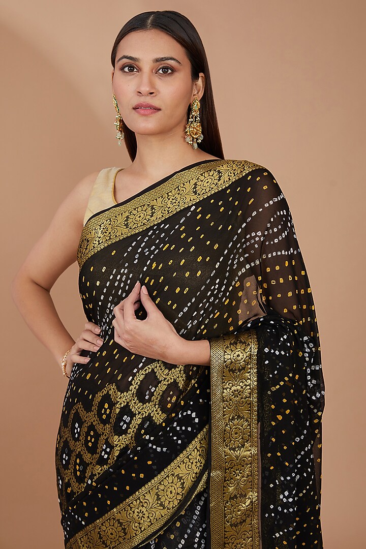 Black Georgette Bandhani Hand-Dyed Festive Saree Set by Geroo Jaipur at Pernia's Pop Up Shop