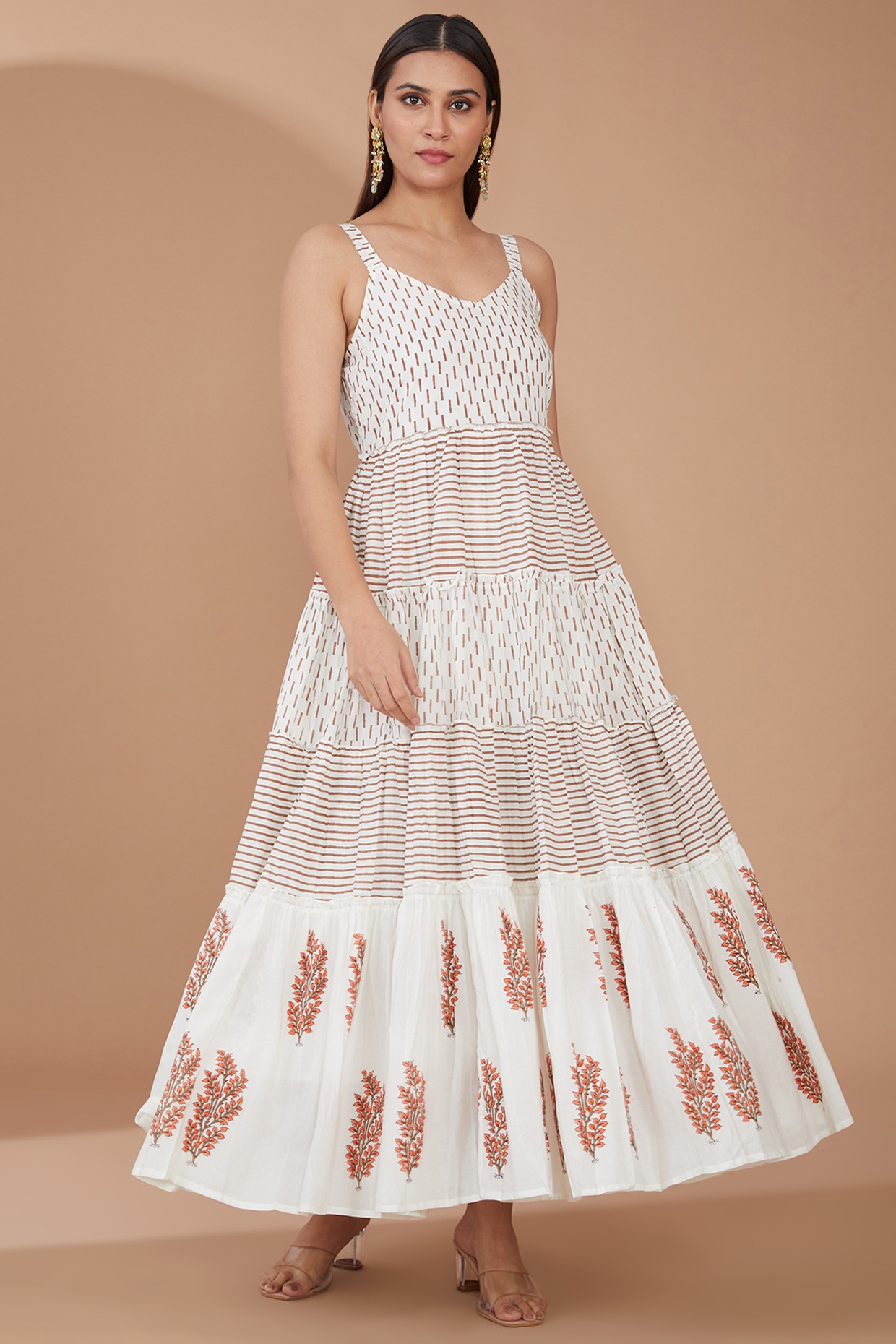 Off-White Multi Colored Geometric Printed Maxi Dress With Front Placket & Half Sleeves