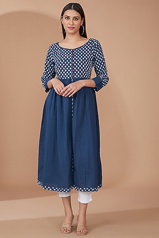 Blue Cotton Hand Block Printed Tunic by Geroo Jaipur