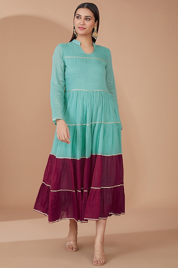 Green & Maroon Cotton Hand-Dyed Embellished Maxi Dress by Geroo Jaipur