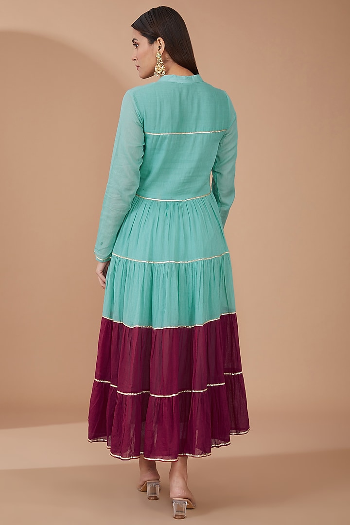 Green & Maroon Cotton Hand-Dyed Embellished Maxi Summer Dress by Geroo Jaipur at Pernia's Pop Up Shop