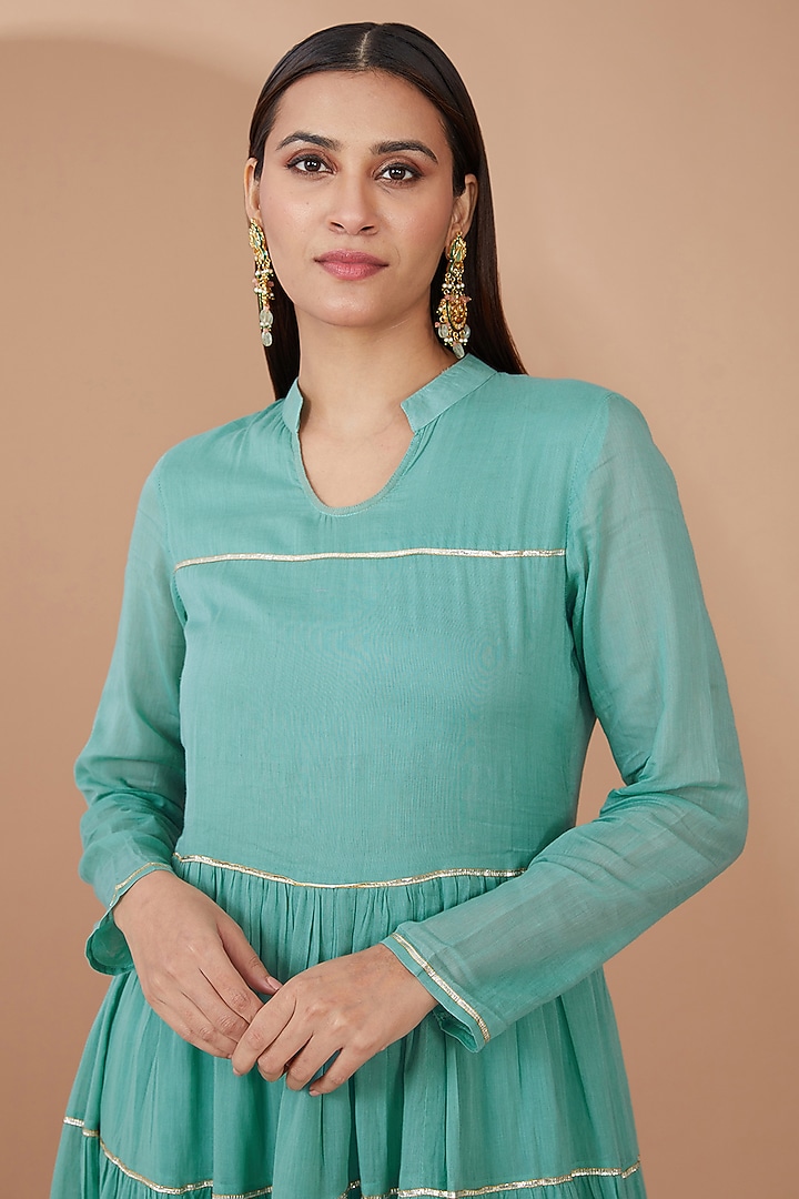 Green & Maroon Cotton Hand-Dyed Embellished Maxi Summer Dress by Geroo Jaipur at Pernia's Pop Up Shop