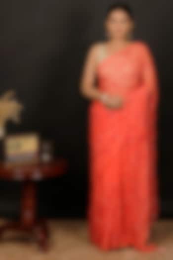 Orange Chiffon Thread Embroidered Party Wear Saree Set by Geroo Jaipur at Pernia's Pop Up Shop