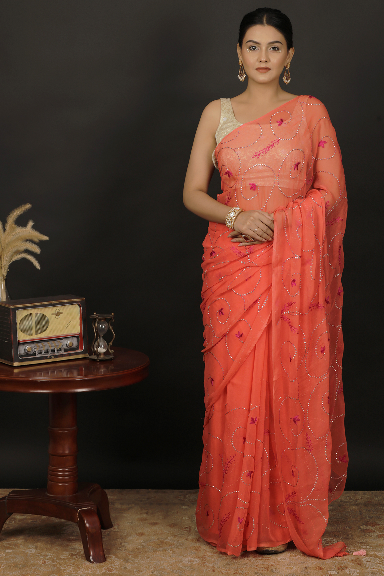 Orange Chiffon Thread Embroidered Party Wear Saree Set by Geroo Jaipur at Pernia's Pop Up Shop