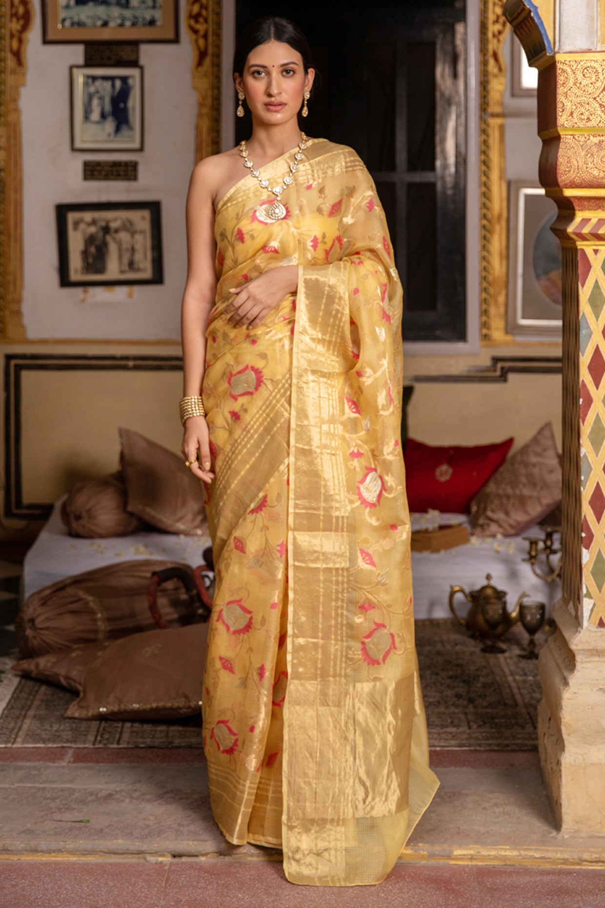 Buy Geroo Jaipur Off White Hand Embroidered Gota Patti Pure Kota Silk Saree  online