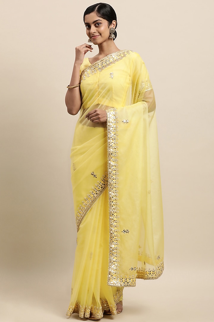 Yellow Organza Embroidered Handcrafted Party Wear Saree Set by Geroo Jaipur at Pernia's Pop Up Shop