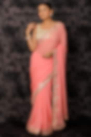 Pink Georgette Hand Embroidered Party Wear Saree Set by Geroo Jaipur at Pernia's Pop Up Shop