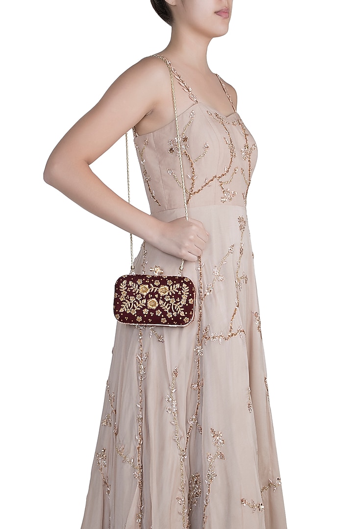 Maroon Embroidered Velvet Clutch by Durvi at Pernia's Pop Up Shop