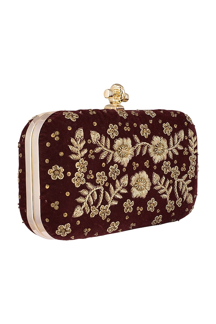 Maroon Embroidered Velvet Clutch by Durvi at Pernia's Pop Up Shop