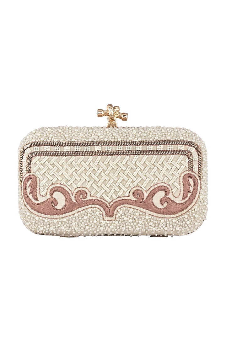 Ivory & Brown Checkered Embroidered Clutch by Durvi
