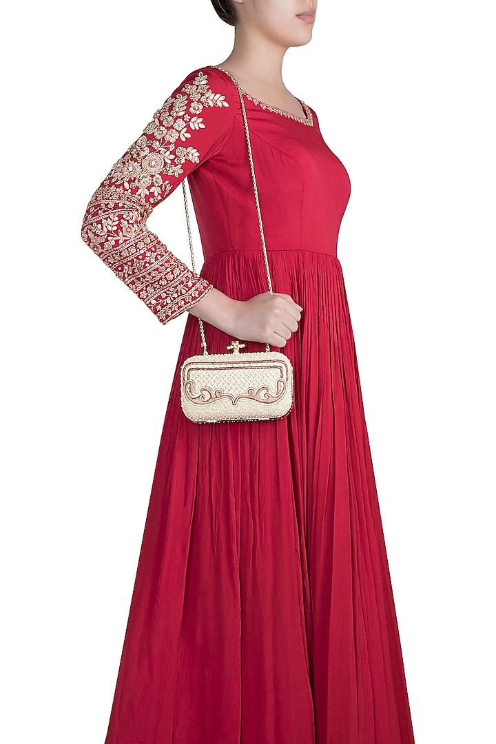 Ivory & Brown Checkered Embroidered Clutch by Durvi at Pernia's Pop Up Shop
