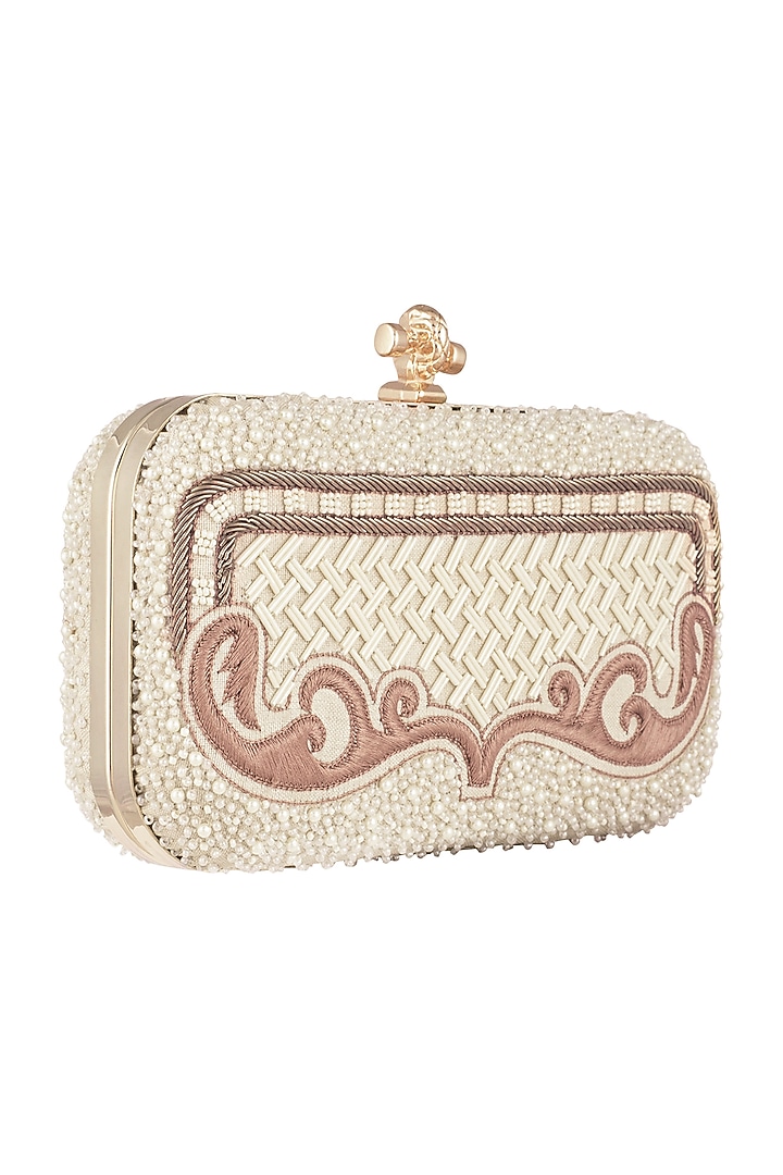 Ivory & Brown Checkered Embroidered Clutch by Durvi at Pernia's Pop Up Shop