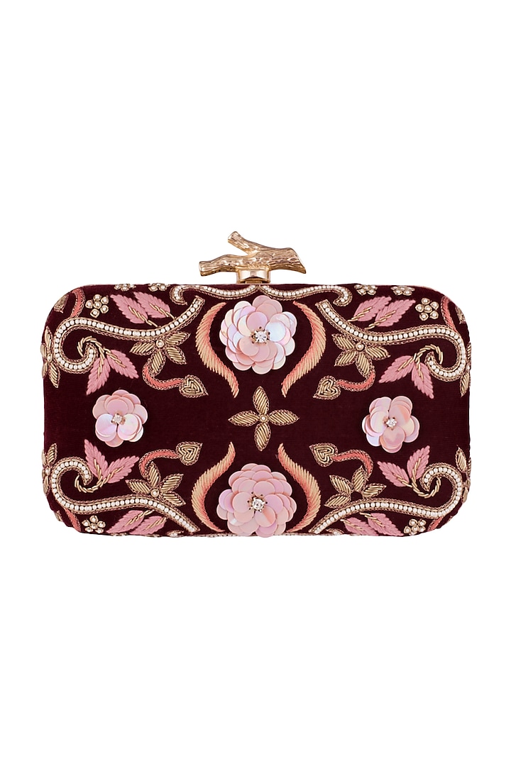 Maroon Embroidered Floral Clutch by Durvi