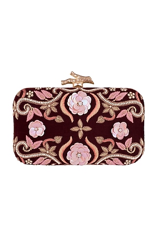 Maroon Embroidered Floral Clutch by Durvi