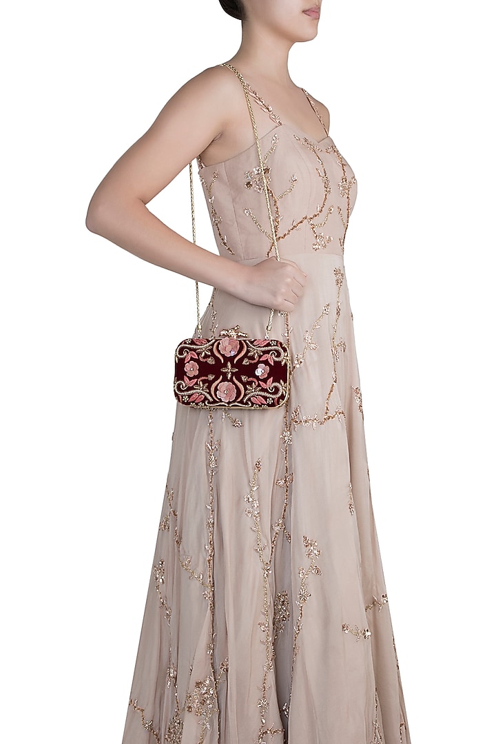Maroon Embroidered Floral Clutch by Durvi at Pernia's Pop Up Shop