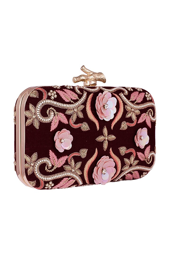 Maroon Embroidered Floral Clutch by Durvi at Pernia's Pop Up Shop