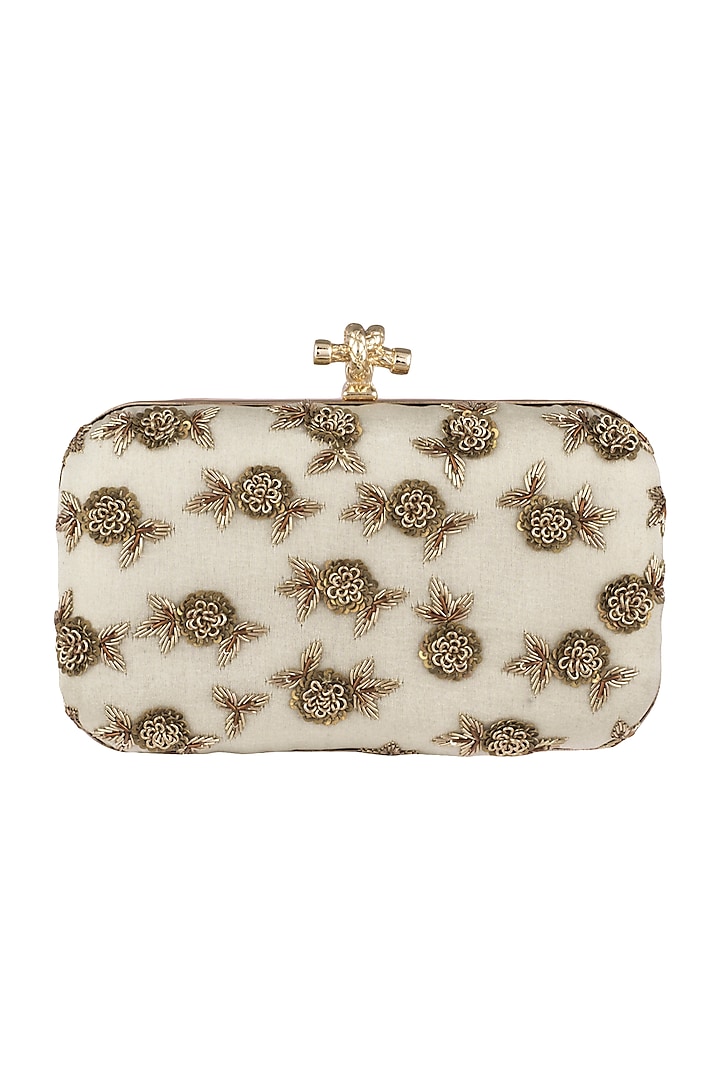 Ivory Shimmery Floral Embroidered Clutch by Durvi