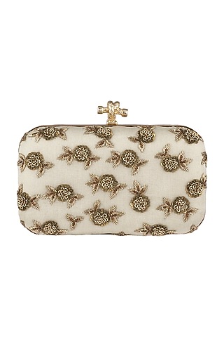 Ivory Shimmery Floral Embroidered Clutch by Durvi