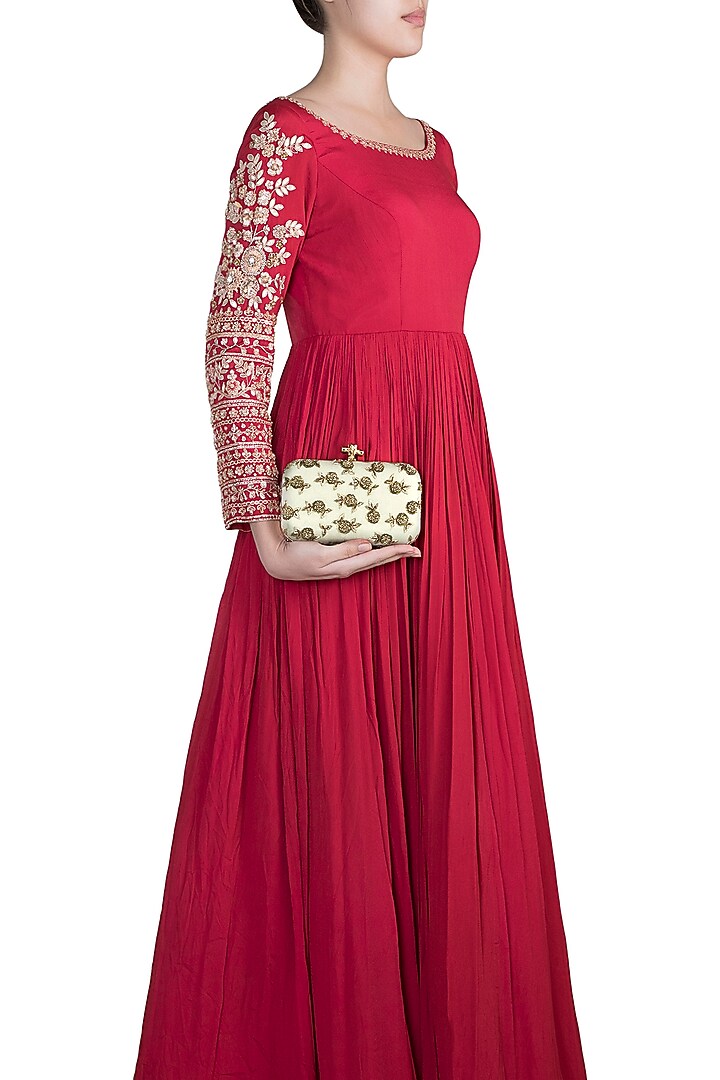 Ivory Shimmery Floral Embroidered Clutch by Durvi at Pernia's Pop Up Shop