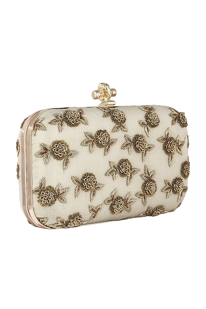 Ivory Shimmery Floral Embroidered Clutch by Durvi at Pernia's Pop Up Shop