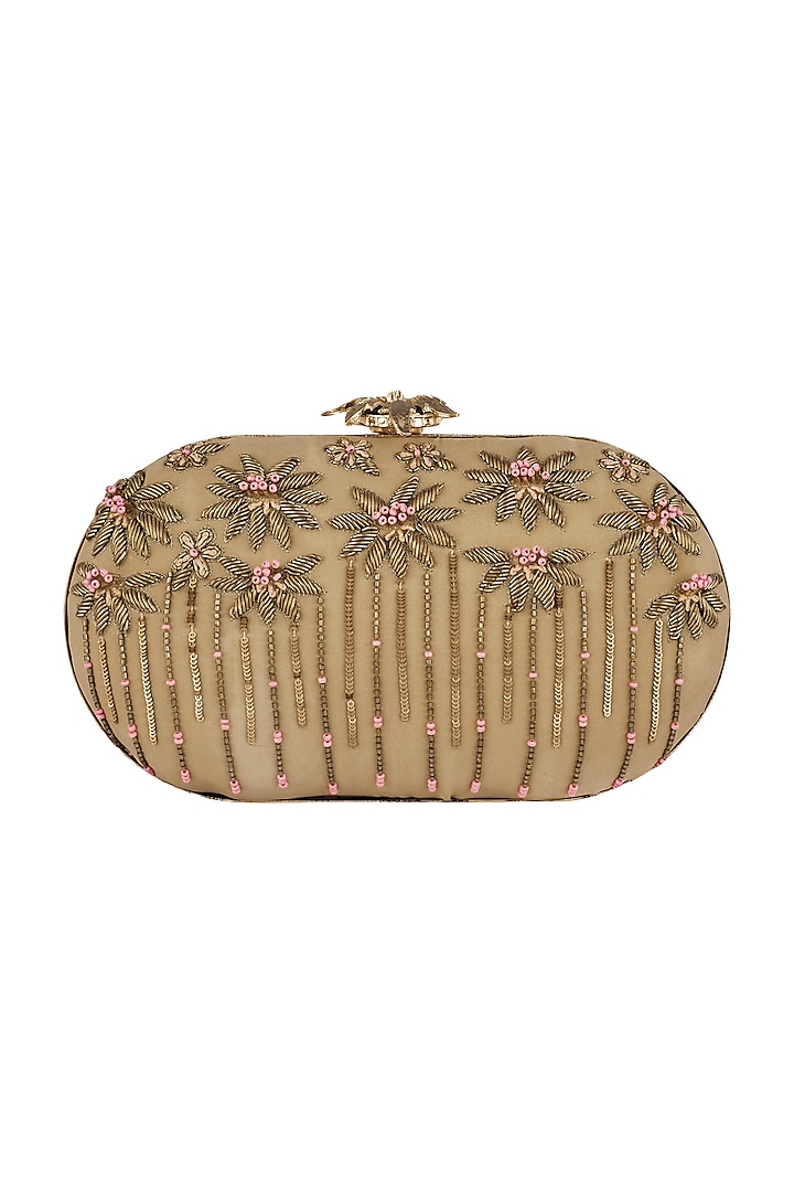 Beige Embroidered Floral Clutch by Durvi