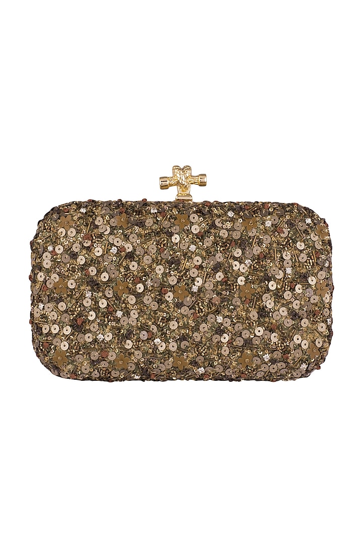 Olive Green & Gold Embroidered Clutch With Metal Chain Design by Durvi ...