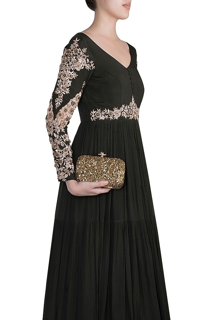 Olive Green & Gold Embroidered Clutch With Metal Chain by Durvi at Pernia's Pop Up Shop