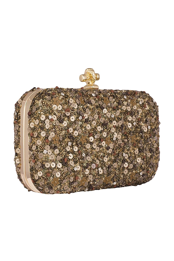 Olive Green & Gold Embroidered Clutch With Metal Chain by Durvi at Pernia's Pop Up Shop
