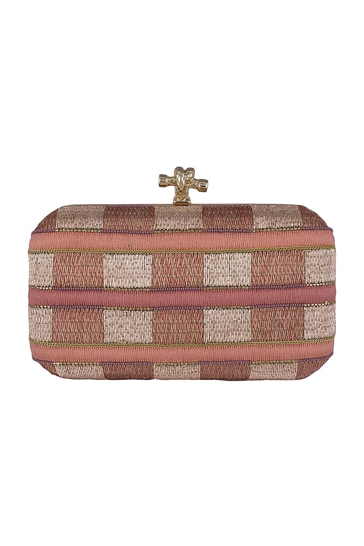 Peachy Pink Checkered Embroidered Clutch by Durvi