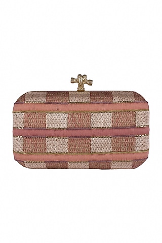 Peachy Pink Checkered Embroidered Clutch by Durvi