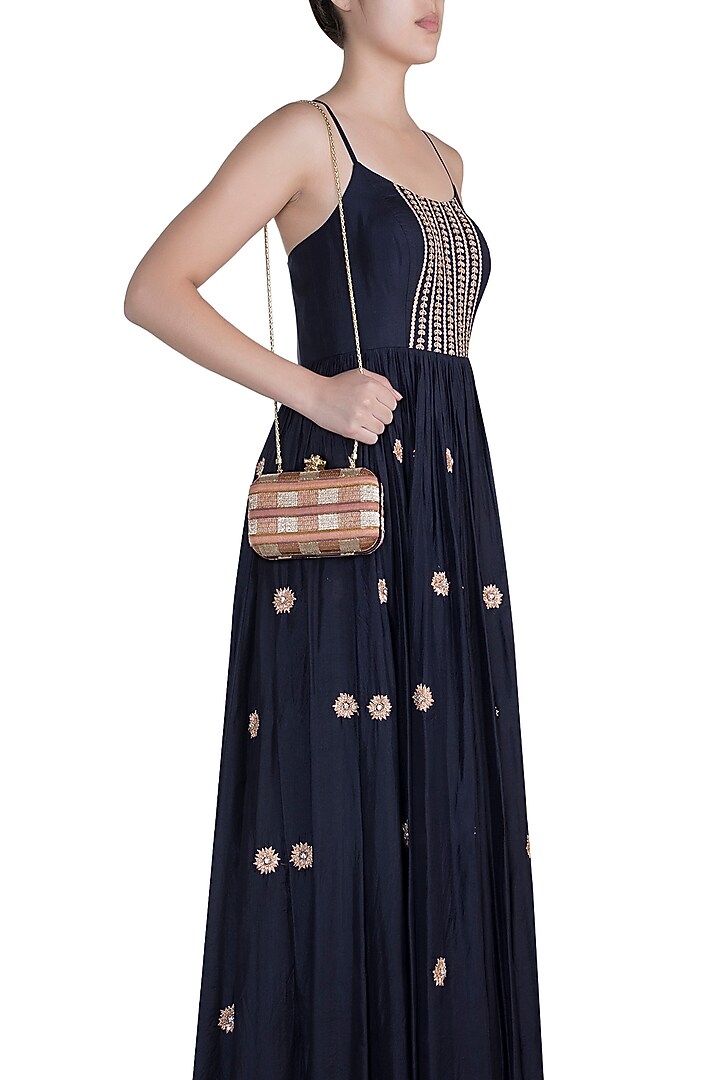 Peachy Pink Checkered Embroidered Clutch by Durvi at Pernia's Pop Up Shop
