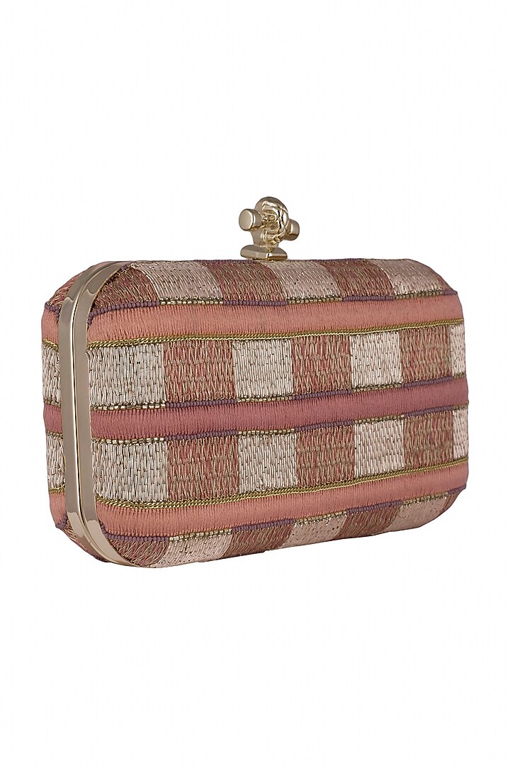 Peachy Pink Checkered Embroidered Clutch by Durvi at Pernia's Pop Up Shop