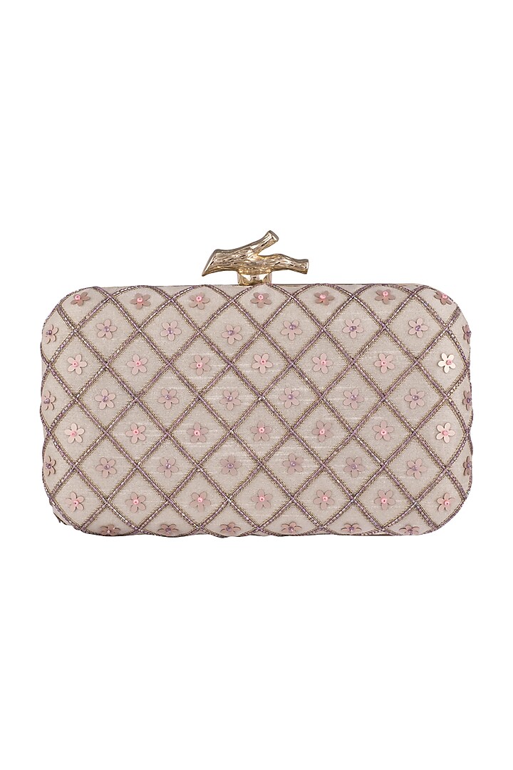 Ivory Floral & Checks Embroidered Clutch by Durvi at Pernia's Pop Up Shop